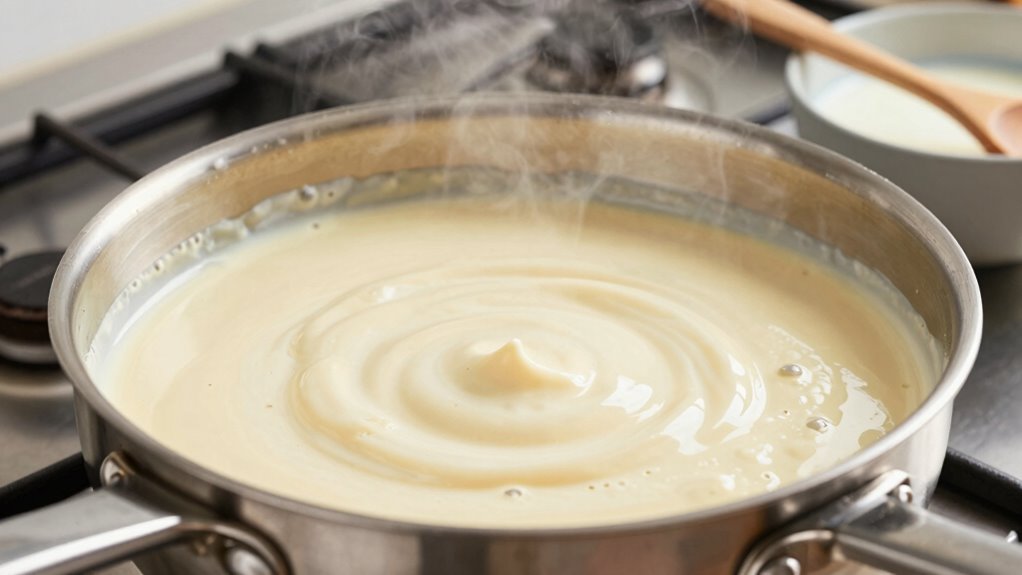 gently reheat and whisk