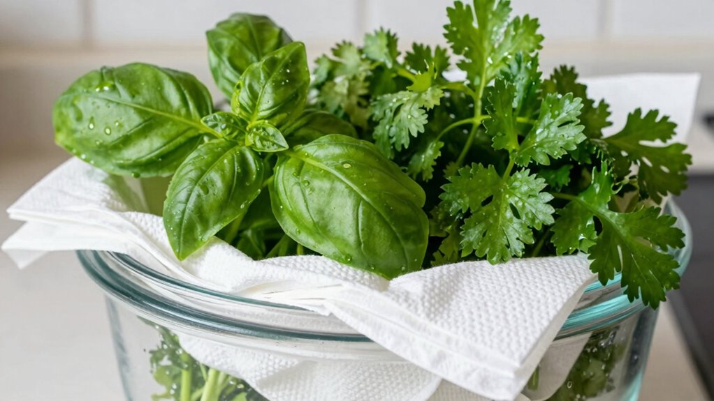 wrap herbs with paper towels